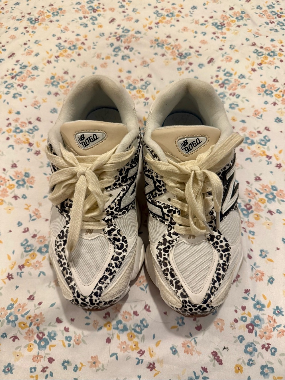 New Balance 9060 Women's White and Cream Sneakers with Black Leopard Accent